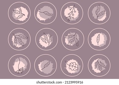 Delikate Highlight-Symbole mit doodlen Blättern und grundigen Flecken. Logo für Boutique, Blumenladen, Öko-Produkt. Handgezeichnete Vektorgrafik für Dekoration und Design.
