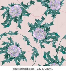 Delicate hydrangea flowers, beautiful green foliage, branches, on a light pink background, vector pattern, can be used for decoration, applied to paper, textiles, fabric