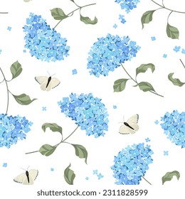 Delicate Hydrangea twigs with blue flowers and white butterflies isolated on white background. Seamless vector pattern