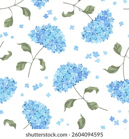 Delicate Hydrangea twigs with blue flowers isolated on white background. Seamless vector pattern