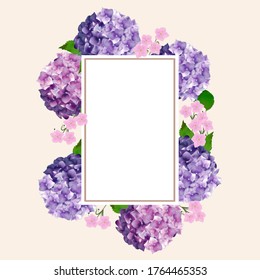 Delikate Hydrangeas und Anemon mit Rahmen und Platz für Ihren Text auf beigem Hintergrund. Hochzeitseinladung, Grußkarte, Jubiläum, Flyer.