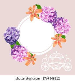 Delicate hydrangeas, lily and carriage for cinderella with a frame and place for your text on a beige background. Wedding invitation,greeting card, anniversary, flyer.