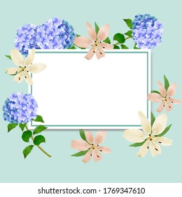 Delicate hydrangeas and lily with a frame and place for your text on a green background. Wedding invitation,greeting card, anniversary, flyer.