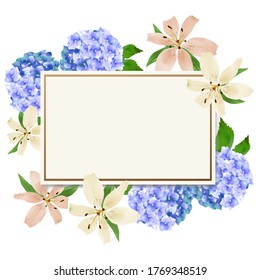Delikate Hydrangeas und Lilie mit einem Rahmen und Platz für Ihren Text auf weißem Hintergrund. Hochzeitseinladung, Grußkarte, Jubiläum, Flyer.