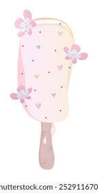 Delicate ice cream with flowers and caramel sprinkles, popsicle on a wooden stick, melting vanilla ice pop, vector gradient colorful illustration