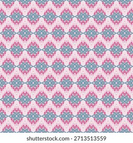 Un delicado patrón de estilo ikat con motivos de diamantes en rosa pastel y azul en Horizontal repetición.