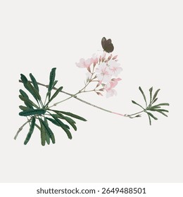 Delicada ilustração de uma borboleta em flores rosa. Borboleta e flores criam uma cena serena e natural. Borboleta e flores em harmonia com a natureza. Vetor de ilustração de flor vintage.