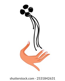 A delicate illustration of a hand reaching out to a floating black flower.