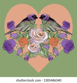 delicate illustration with the image of two birds in love on the background of the heart, can be used as a print, postcard and to create your own design