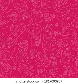 Delicate illustration on a love theme. Seamless pattern. In pink. Feelings, emotions, valentine s day. Openwork hearts. Airy light pattern. Hearts of different shapes. Can be used as backgrounds