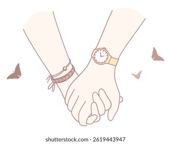 A delicate illustration of two hands intertwined, symbolizing love and connection amidst butterflies.