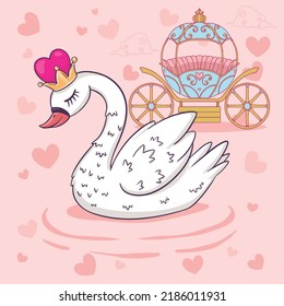 Delicate illustration of a white swan with a pink princess crown in the background of a carriage.