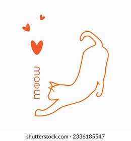 Delicate image of a cat in one line and hearts. Meow. Light background