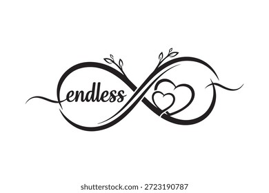 Delicado símbolo del infinito entrelazado con la palabra 'infinito' y un corazón, en negro, sobre un fondo blanco, elegante y simbólico