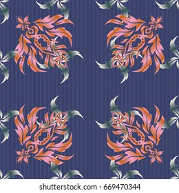 Delicate intricate decorated for wedding ceremonies, anniversary, party, events. Vector violet, pink and orange damask lace ornament.