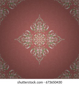 Delicate intricate decorated for wedding ceremonies, anniversary, party, events. Vector green and pink damask lace floral ornament.