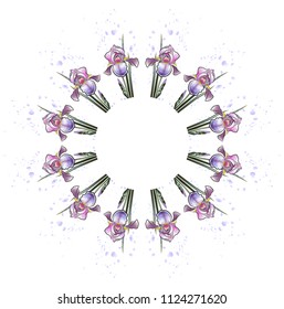 Delicate irises in watercolor colors are arranged in a circle