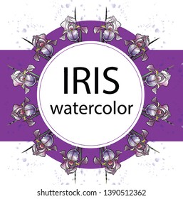 Delicate irises in watercolor colors are arranged in a circle