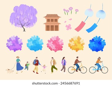 Delicate Japan travel elements. Floral, buildings, wind chimes and people isolated on beige background.