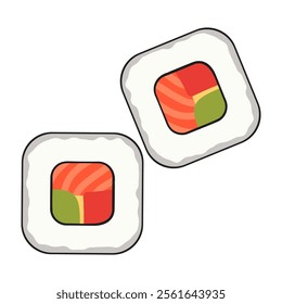 Delicate Japanese cuisine with sushi rolls, sashimi, and traditional garnishes. Vector flat Illustration