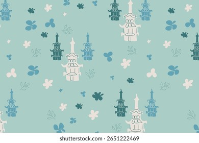 A delicate Japanese floral seamless pattern inspired by traditional culture, featuring graceful blossoms and motifs on a soft-toned background for an elegant, timeless aesthetic.