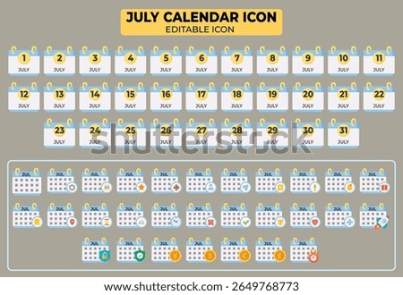 Delicate july editable calendar icons, ranging from first day to thirty first day for planning and
