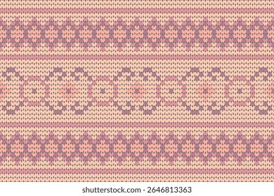 Delicate knitted pattern featuring symmetrical floral-inspired motifs in soft pastel pink, peach, and violet tones. Perfect for feminine designs, cozy winter textiles, baby clothing, or digital art.