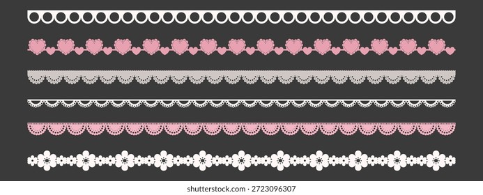 Delicate lace borders with scalloped edges and heart patterns on dark background. Valentine's Day decorative lace trim strips in pink and red tones for romantic design projects.