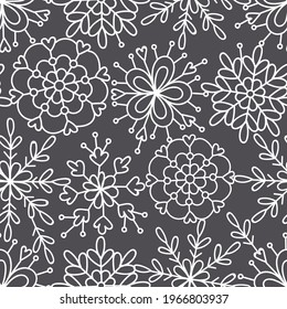 Delicate lace doodle snowflakes black white vector seamless pattern. Whimsy Christmas winter modern boho festive ornate background. Seasonal holidays linear geometric graphic design