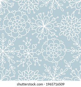 Delicate lace doodle snowflakes neutral blue vector seamless pattern. Whimsy Christmas winter modern boho festive ornate background. Seasonal holidays linear geometric graphic design