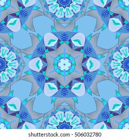 Delicate lace mandala. Hand drawn abstract background. Decorative retro banner. Blue.