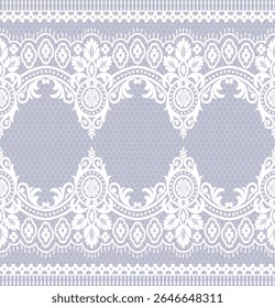 A delicate lace pattern with intricate designs on a soft background, suitable for textiles or decorative purposes.