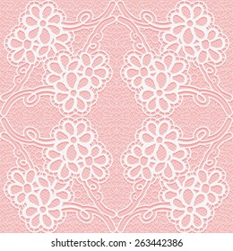 Delicate lace pattern on a pink background. Seamless floral ornament. Vector illustration.