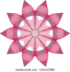 Delicate lacy guilloche star rosette layered lines in deep red and red violet with rippled moire effect.