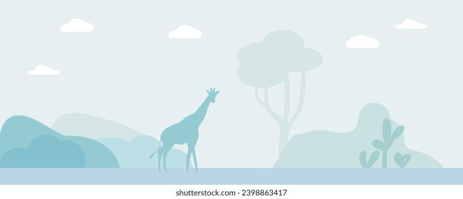 Delicate landscape with a giraffe. Dawn in Africa. Nature background. Vector illustration