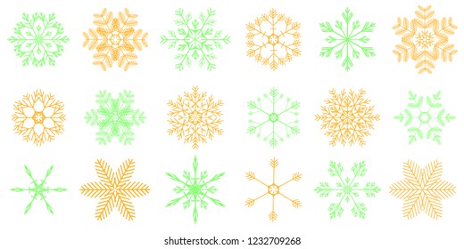 Delicate, large, orange and light green snowflakes for decoration. Isolated large set of 18 vector symbols on white background