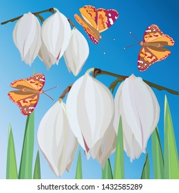 delicate large white flowers Yucca , green leaves and flying orange butterflies against the blue sky