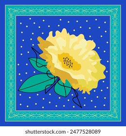 Delicada Grande flor amarilla en marco con elegante adorno en estilo asiático, árabe sobre fondo azul. Se puede utilizar como base para una impresión sin fisuras. Patrón de bufanda para bandanas y otros textiles. Vector.