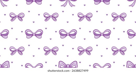 Delicate lavender bows on white background. Seamless pattern with tied purple silk ribbons. Feminine tenderness cute print, vector graphic
