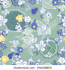 Delicate liberty print on green background. Seamless vector pattern in repeat. Vintage print with small inflorescences. Retro textile design collection.