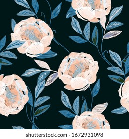 Delicate light beige peach roses and peonies with petals and blue leaves on a black color background. Floral seamless vector pattern. Imitation of stitch embroidery on silk fabric.