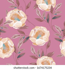 Delicate light beige peach roses and peonies with petals and leaves on a lilac pink color background. Floral seamless vector pattern. Imitation of stitch embroidery on silk fabric.