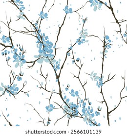 Delicate Light Blue Cherry Blossom Pattern on White Background