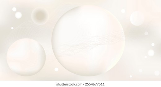 Delicate light blurred background with flying white spheres surrounded by glowing lights. Weightless transparent network of threads. Vector editable template with copy space