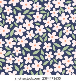 Delicate light pink flowers, green leaves on a dark blue background. Simple floral vector seamless pattern.