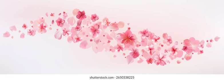 Delicate light pink sakura flowers flow. Wind swirls, flying blossom petals. Floral air vortex. Tender rose bg. Background for Valentine Day, birthday or wedding card. Vector illustration.