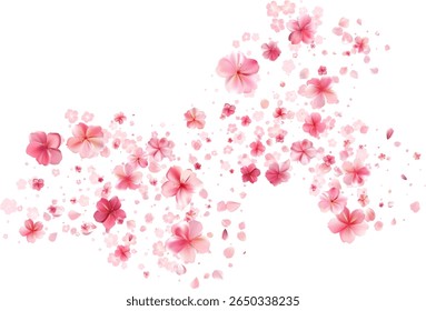 Delicate light pink sakura flowers flow. Wind swirls, flying blossom petals. Floral air vortex. Tender rose bg. Background for Valentine Day, birthday or wedding card. Vector illustration.