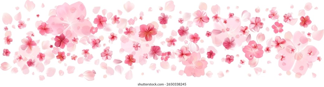Delicate light pink sakura flowers flow. Wind swirls, flying blossom petals. Floral air vortex. Tender rose bg. Background for Valentine Day, birthday or wedding card. Vector illustration.