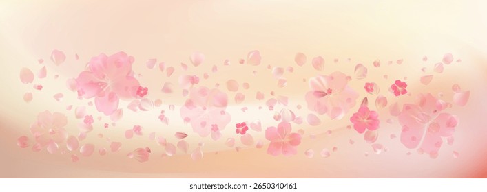Delicate light pink sakura flowers flow. Wind swirls, flying blossom petals. Floral air vortex. Tender rose bg. Background for Valentine Day, birthday or wedding card. Vector illustration.