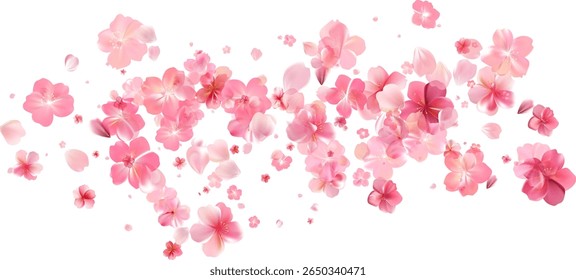Delicate light pink sakura flowers flow. Wind swirls, flying blossom petals. Floral air vortex. Tender rose bg. Background for Valentine Day, birthday or wedding card. Vector illustration.